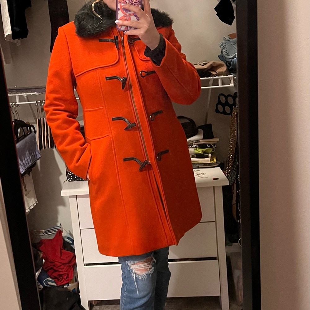 Women's Orange Toggle Coat with Faux Fur Collar